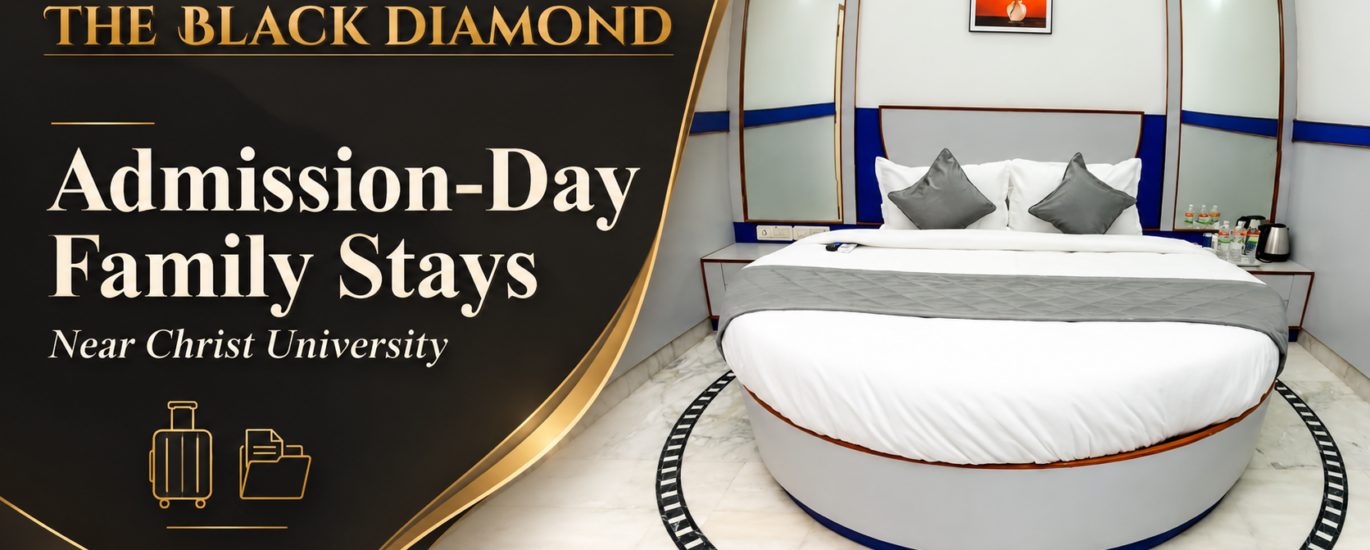 Round-bed guestroom at Hotel The Black Diamond with the headline “Admission-Day Family Stays — Near Christ University.”
