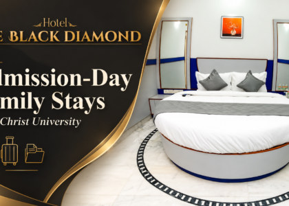Round-bed guestroom at Hotel The Black Diamond with the headline “Admission-Day Family Stays — Near Christ University.”