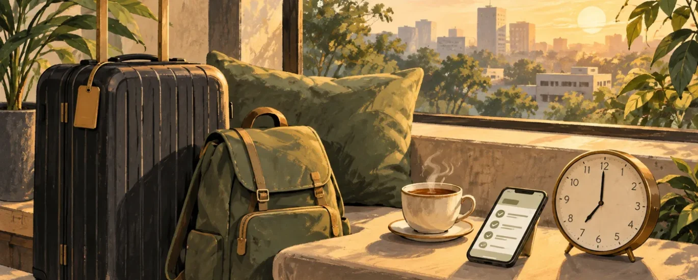 Early-arrival travel illustration with luggage, a morning clock, tea and a booking checklist.