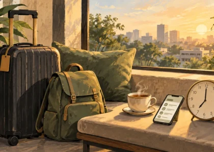 Early-arrival travel illustration with luggage, a morning clock, tea and a booking checklist.