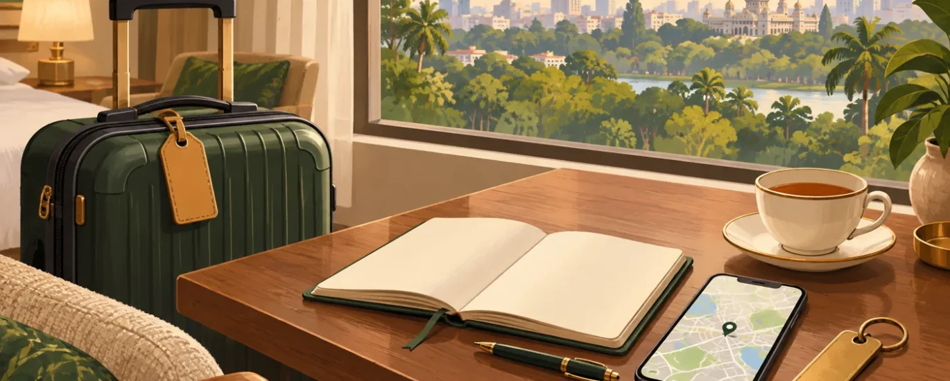 Travel-planning illustration for a Koramangala stay, with a suitcase, notebook, smartphone map and tea.
