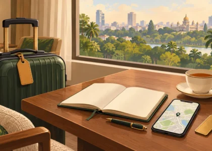 Travel-planning illustration for a Koramangala stay, with a suitcase, notebook, smartphone map and tea.
